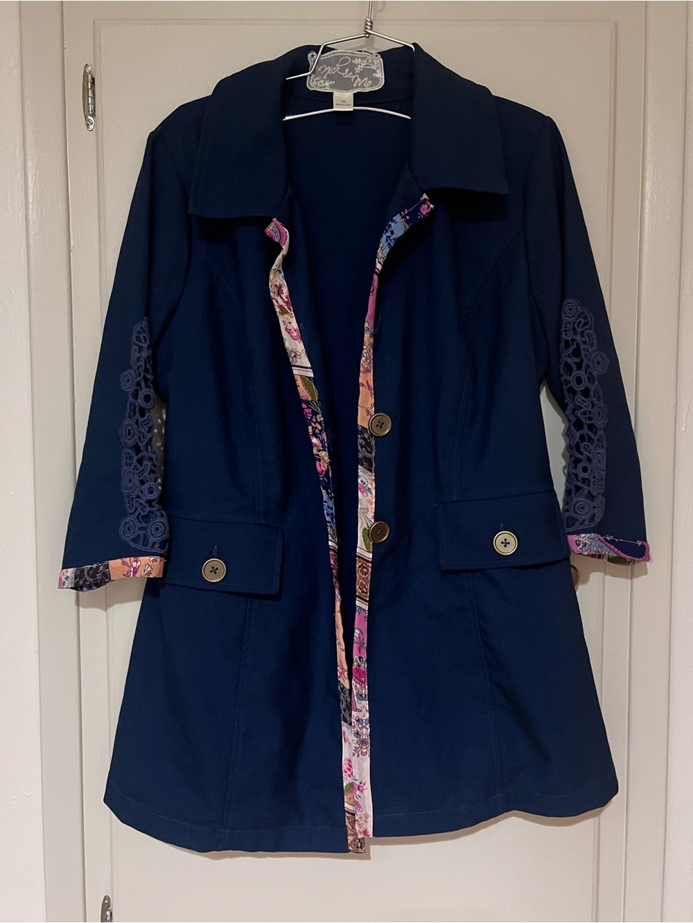 Nick & mo medium Women's Navy  Sleeve Trench Coat **missing 2 top buttons
